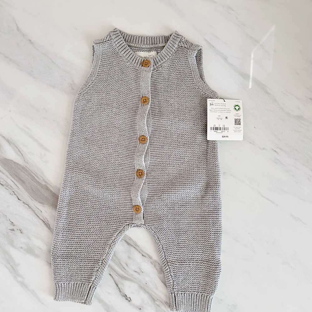 NWT Gray Knit Baby Romper with Wooden Buttons